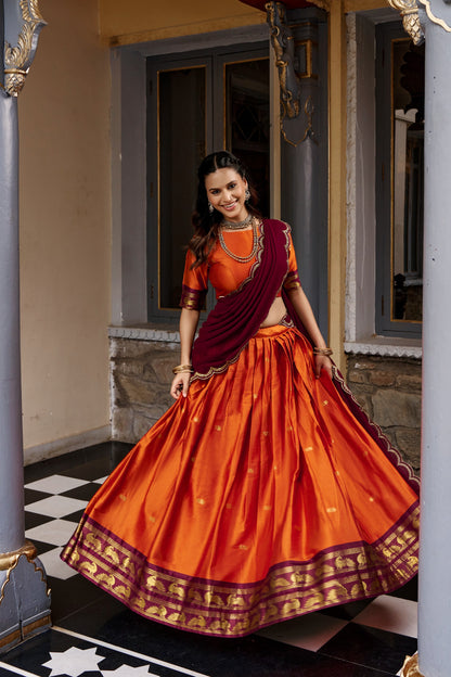 Orange and Maroon Cotton Silk Zari Weaving Traditional Lehenga Choli with Dupatta