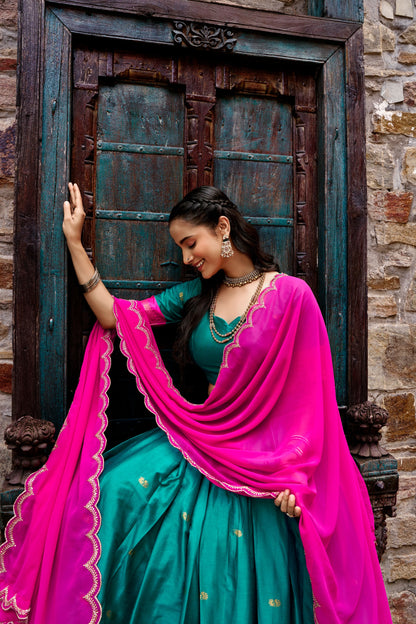Teal and Pink Cotton Silk Zari Weaving Traditional Lehenga Choli with Dupatta