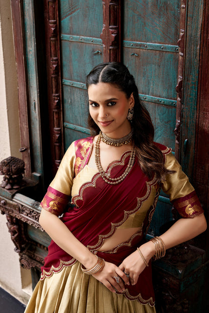 chiku and Maroon Cotton Silk Zari Weaving Traditional Lehenga Choli with Dupatta