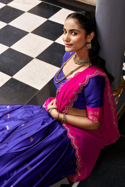 Navy Blue and Hot Pink Cotton Silk Zari Weaving Traditional Lehenga Choli with Dupatta
