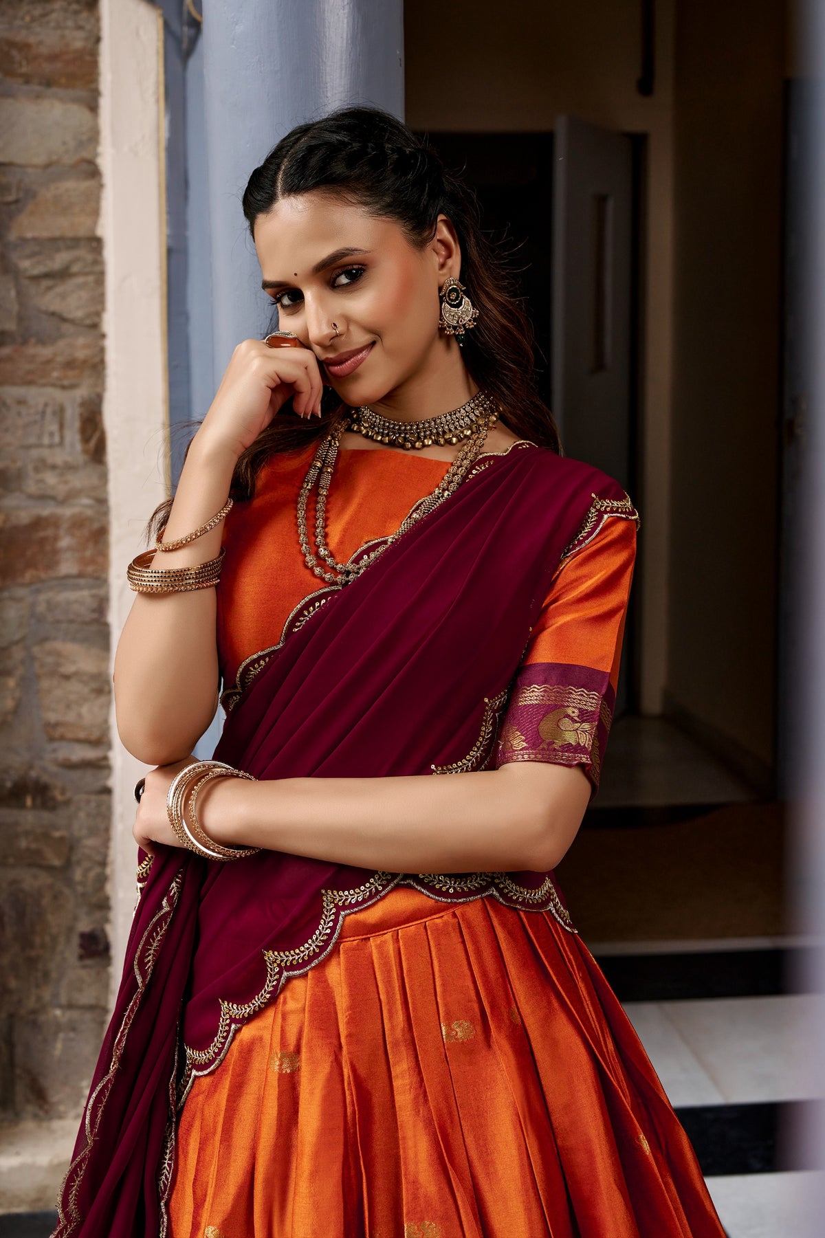 Orange and Maroon Cotton Silk Zari Weaving Traditional Lehenga Choli with Dupatta