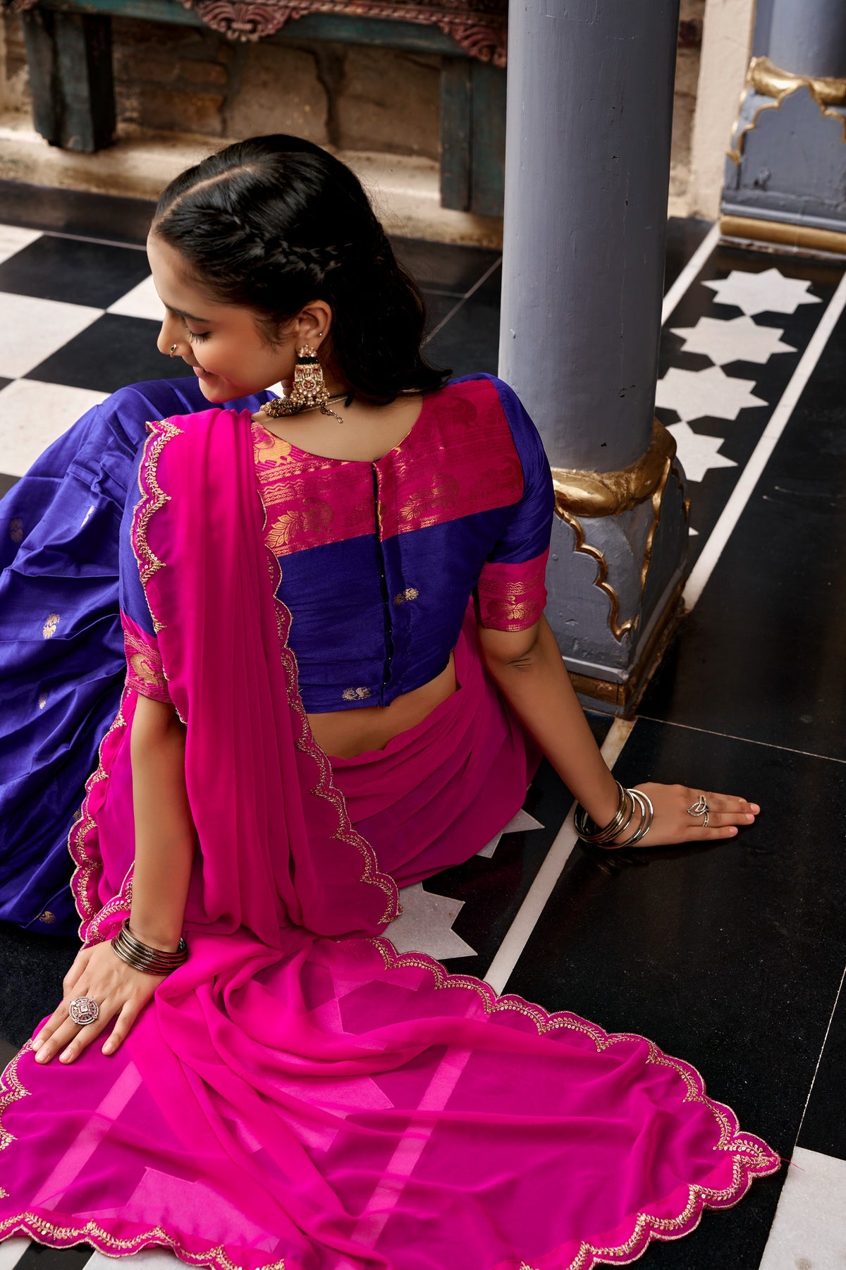 Navy Blue and Hot Pink Cotton Silk Zari Weaving Traditional Lehenga Choli with Dupatta