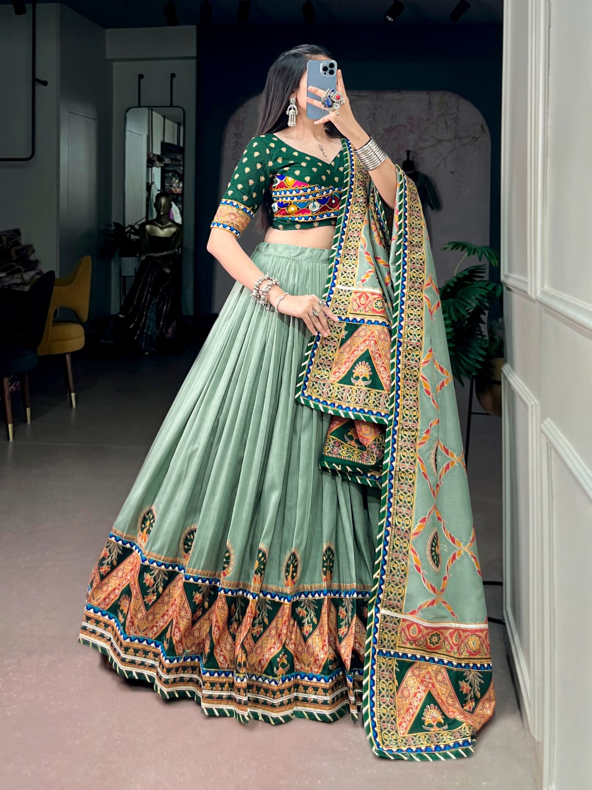 Tasar Silk with Printed Navratri Lehenga Choli with Dupatta