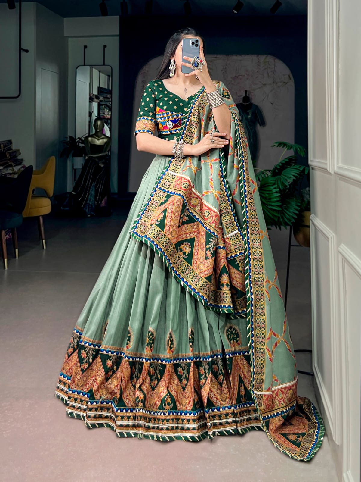 Tasar Silk with Printed Navratri Lehenga Choli with Dupatta