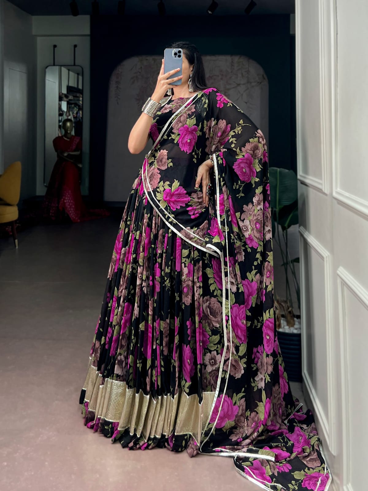 Georgette Floral Print Navratri Lehenga Choli with Dupatta