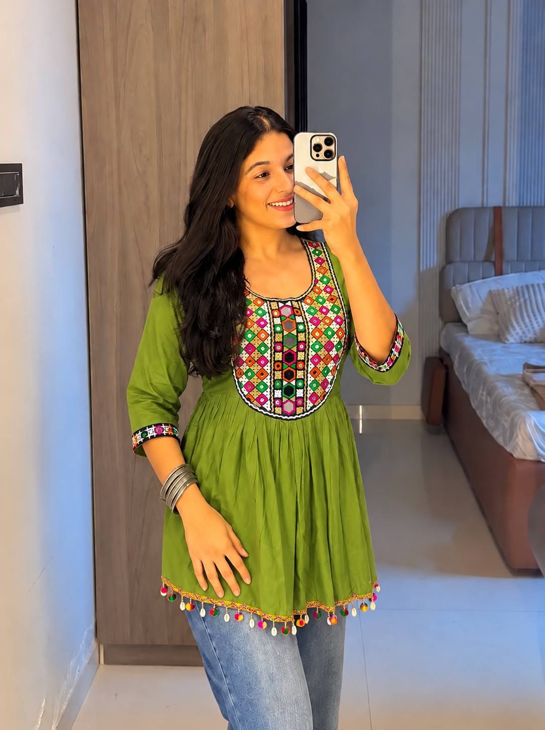 Green color Navratri Short Kurti