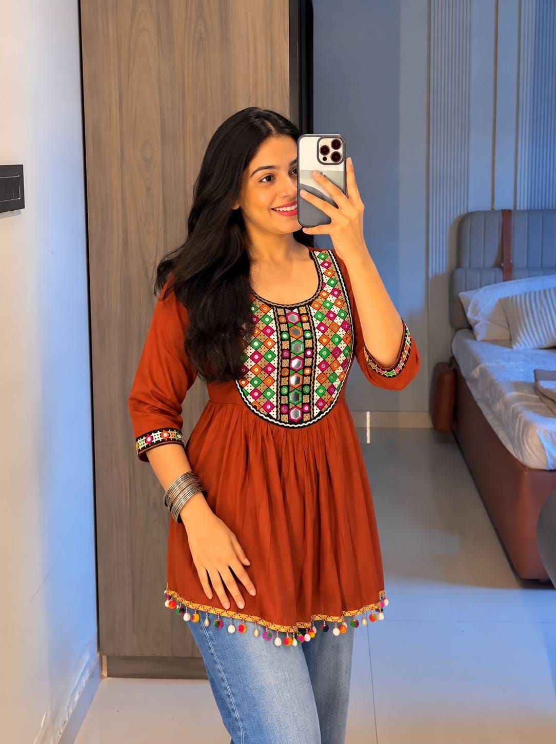 Rust Orange color Navratri Short Kurti