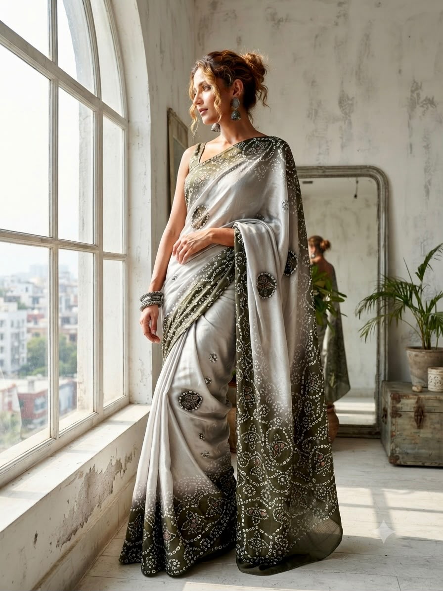 Mehndi Green color Saree with Unstitched Blouse