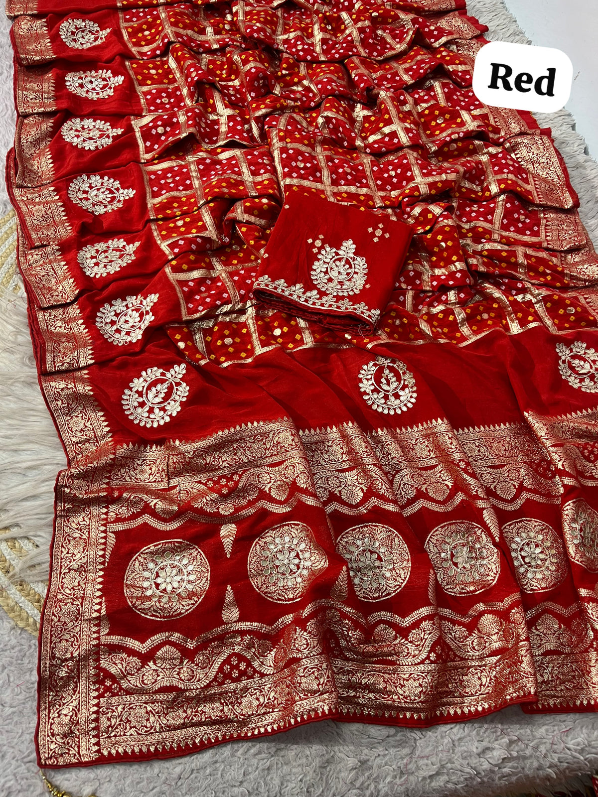 Red color Saree with Unstitched Blouse