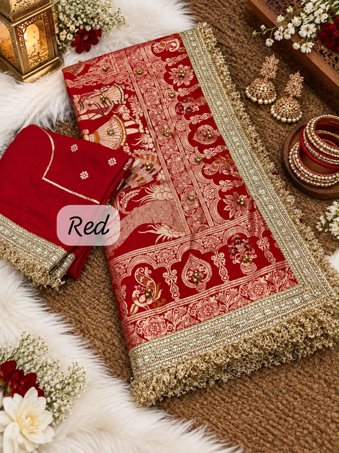 Red color Karwa Chauth Saree with Unstitched