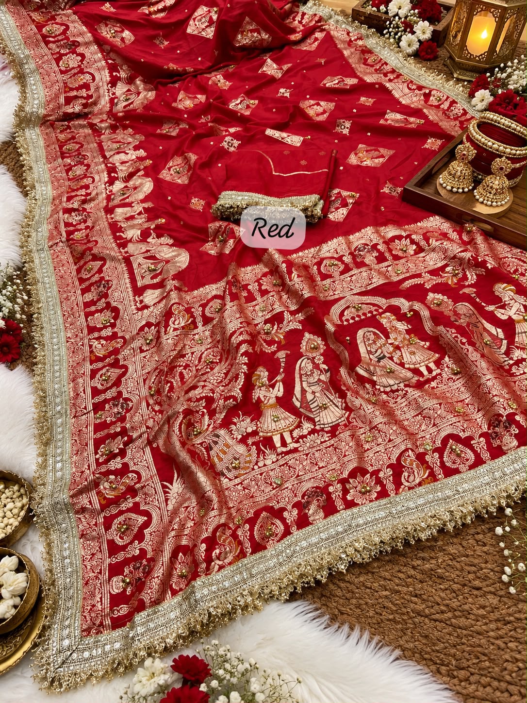 Red color Karwa Chauth Saree with Unstitched