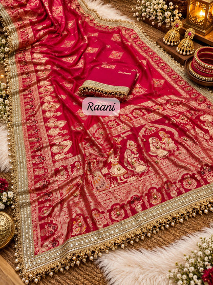 Rani Pink color Karwa Chauth Saree with Unstitched