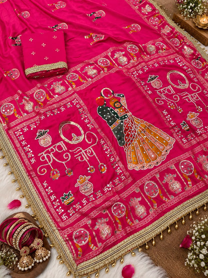 Rani Pink color Karwa Chauth Saree with Unstitched
