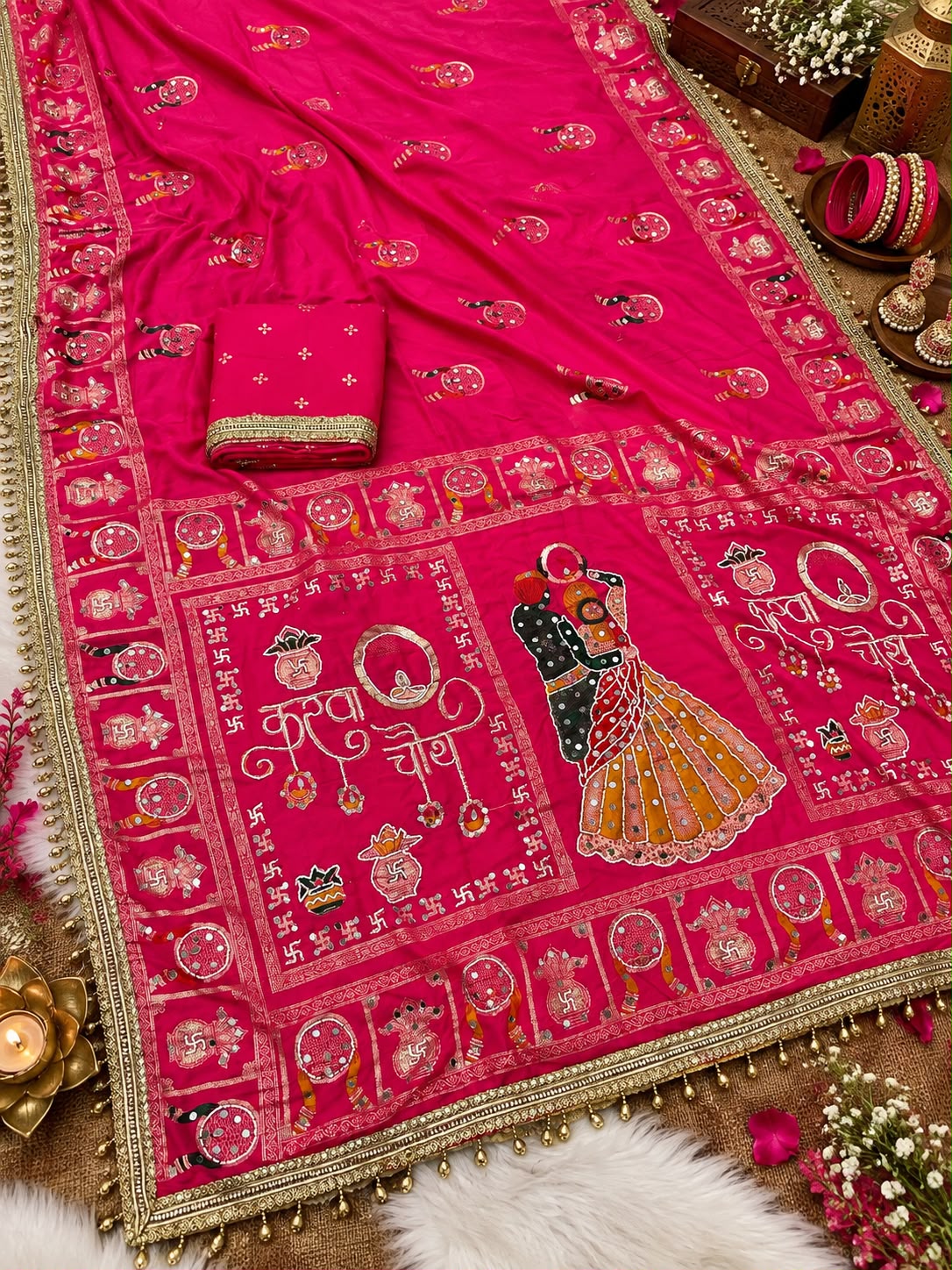 Rani Pink color Karwa Chauth Saree with Unstitched