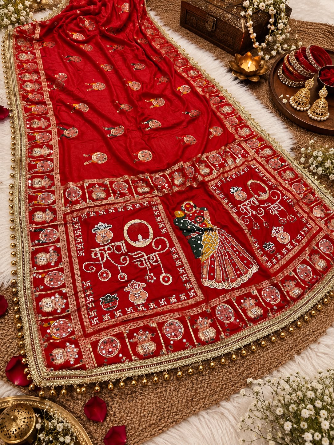 Red color Karwa Chauth Saree with Unstitched
