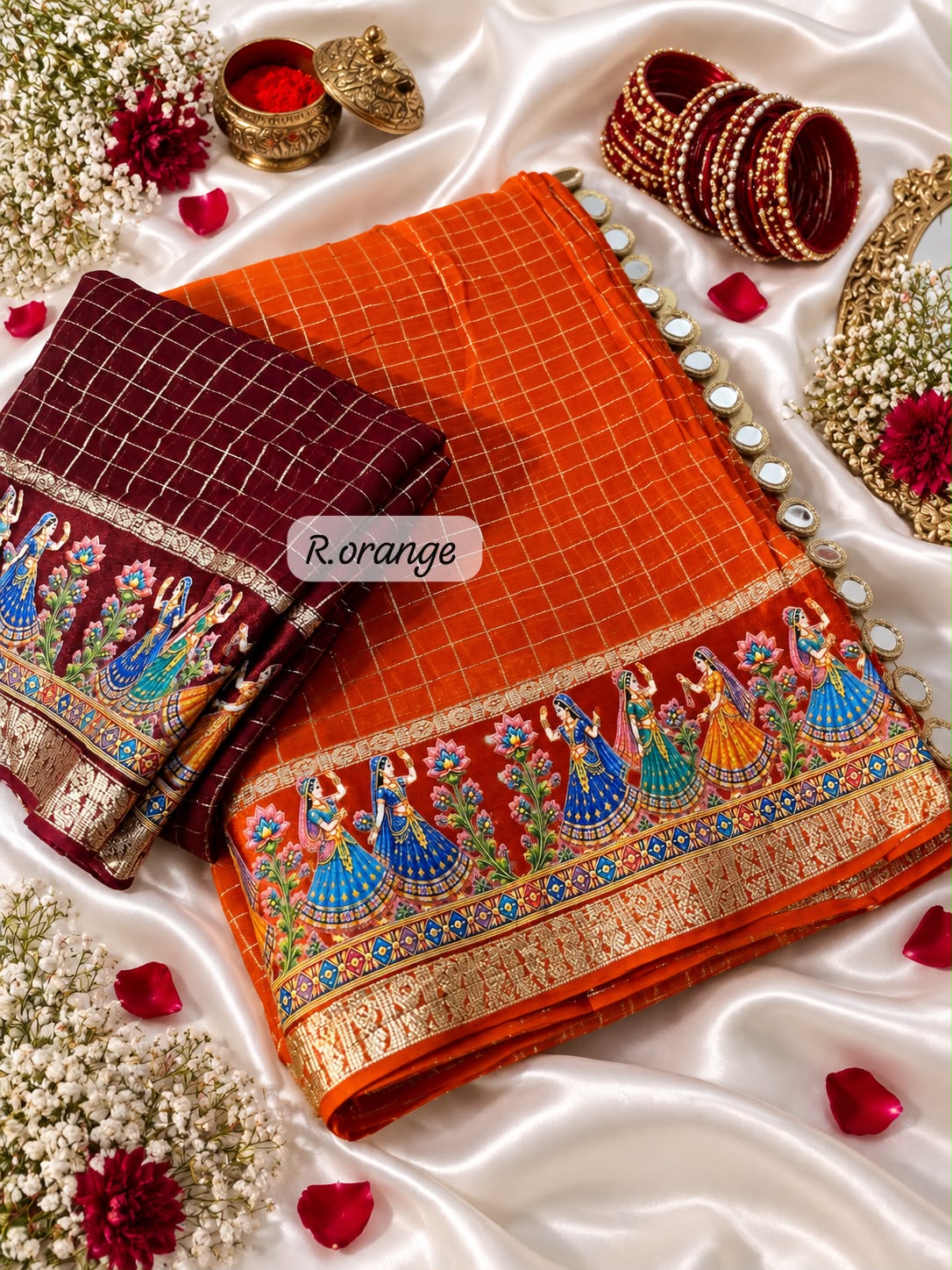 Rust Orange color Karwa Chauth Saree with Unstitched