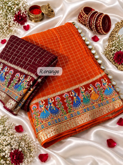 Rust Orange color Karwa Chauth Saree with Unstitched