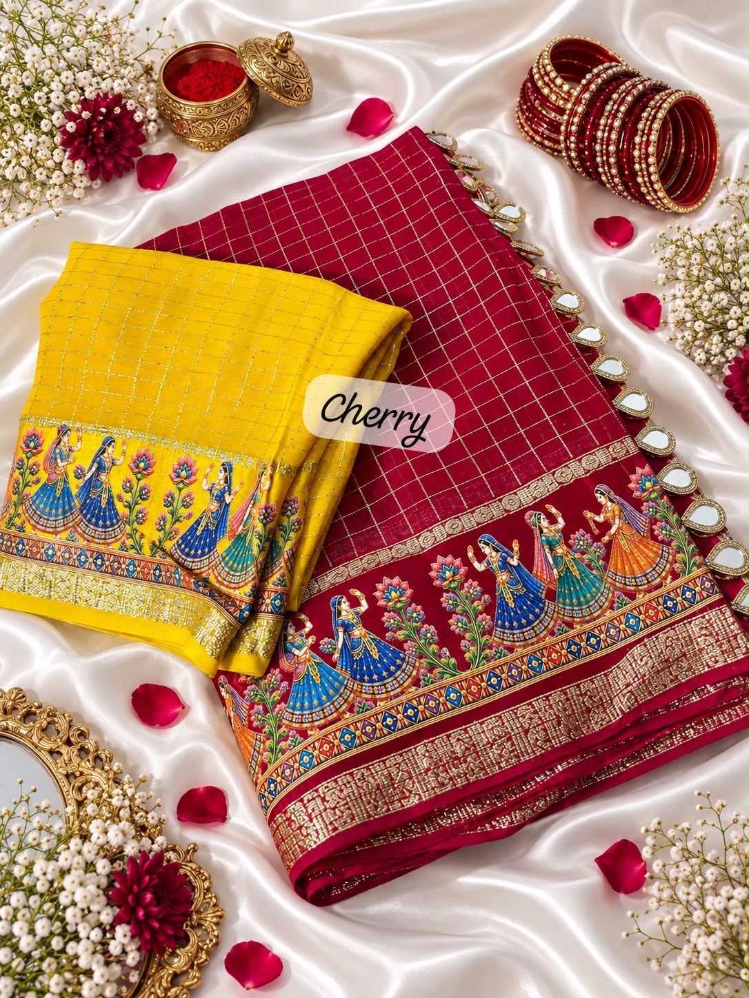 Cherry color Karwa Chauth Saree with Unstitched