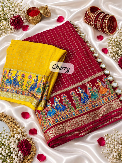 Cherry color Karwa Chauth Saree with Unstitched