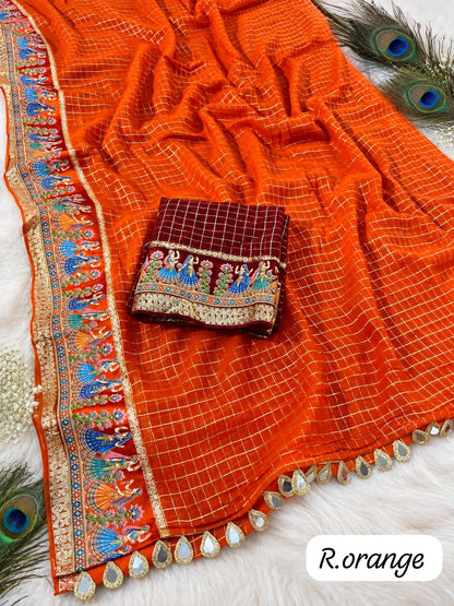 Rust Orange color Karwa Chauth Saree with Unstitched