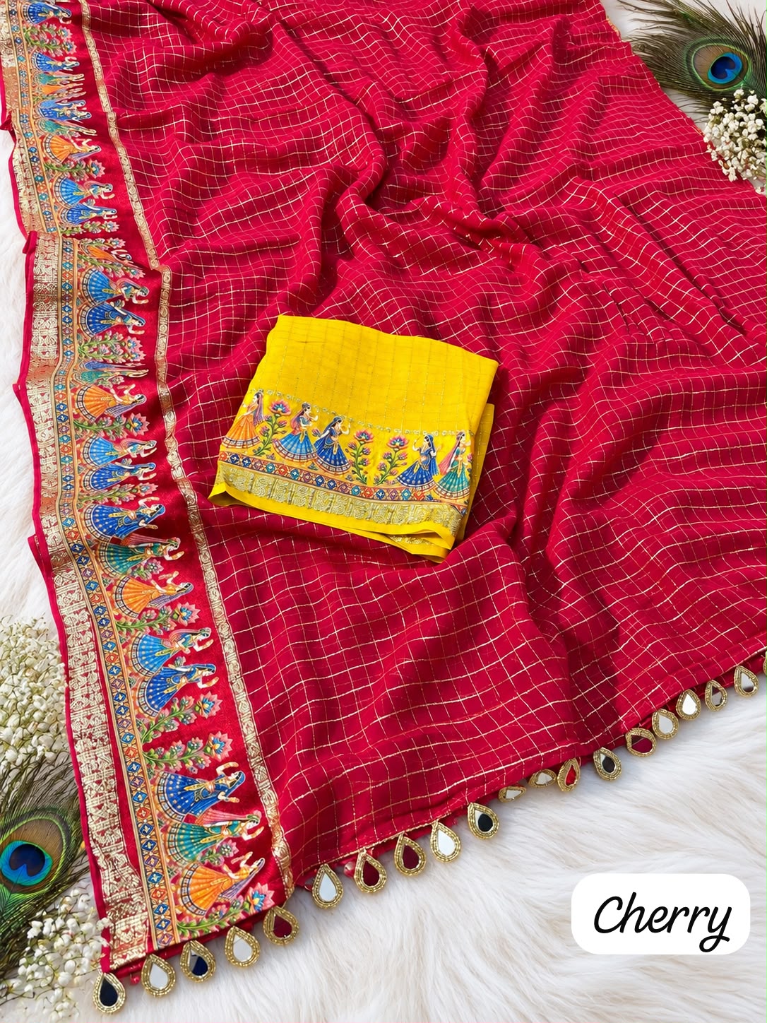 Cherry color Karwa Chauth Saree with Unstitched