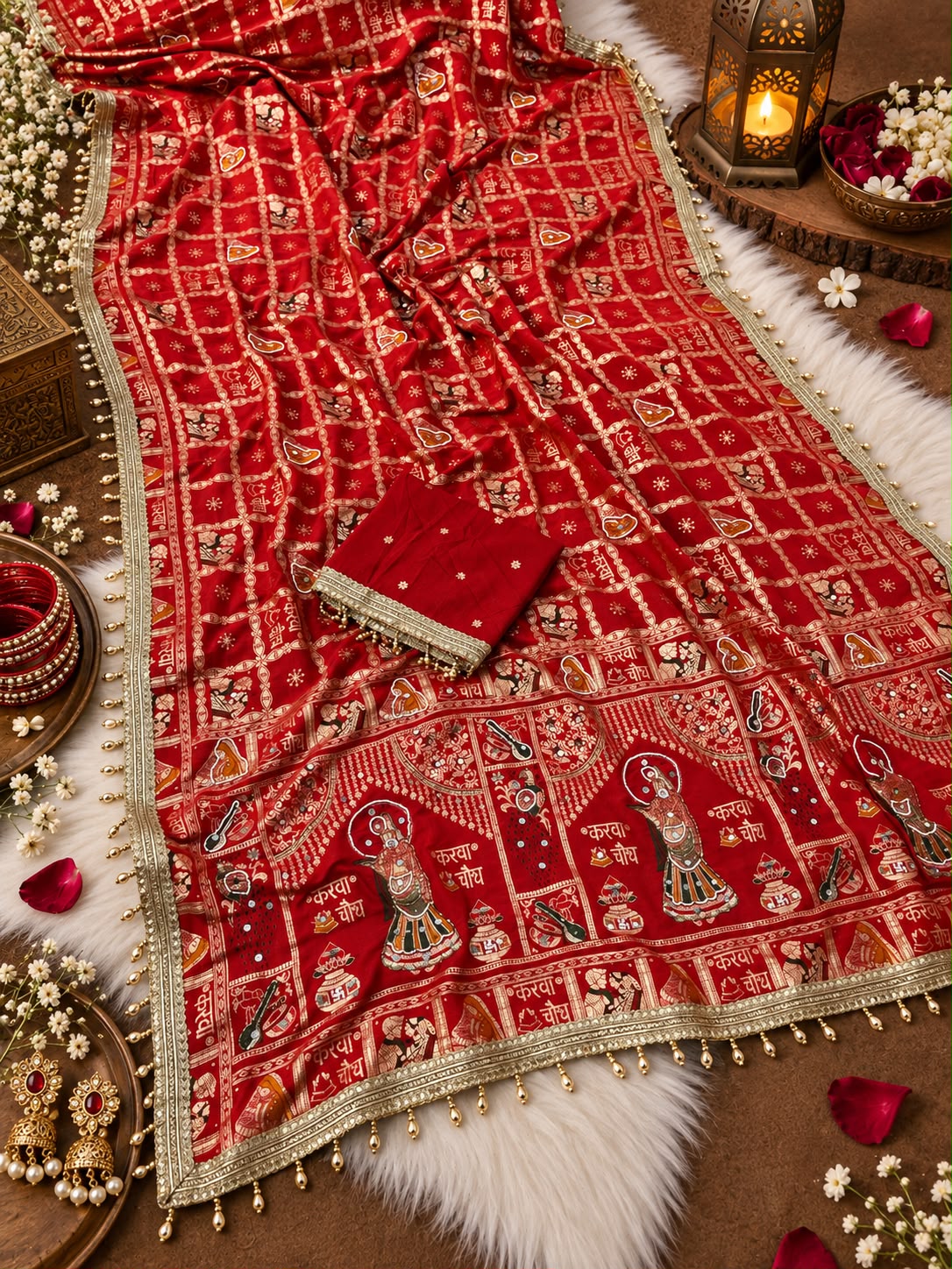 Red color Karwa Chauth Saree with Unstitched
