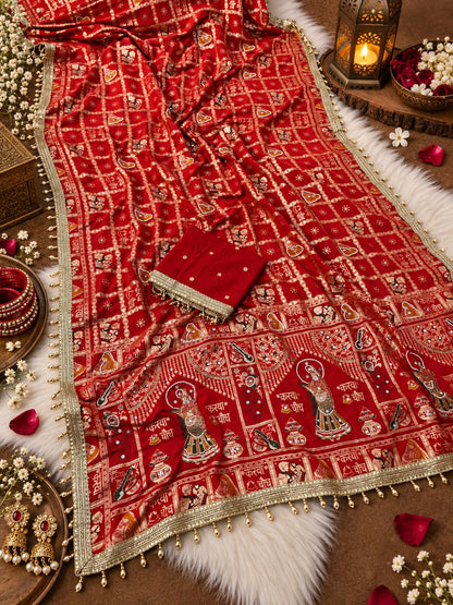 Red color Karwa Chauth Saree with Unstitched