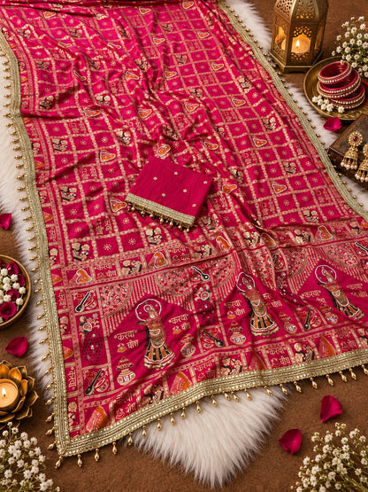 Rani Pink color Karwa Chauth Saree with Unstitched