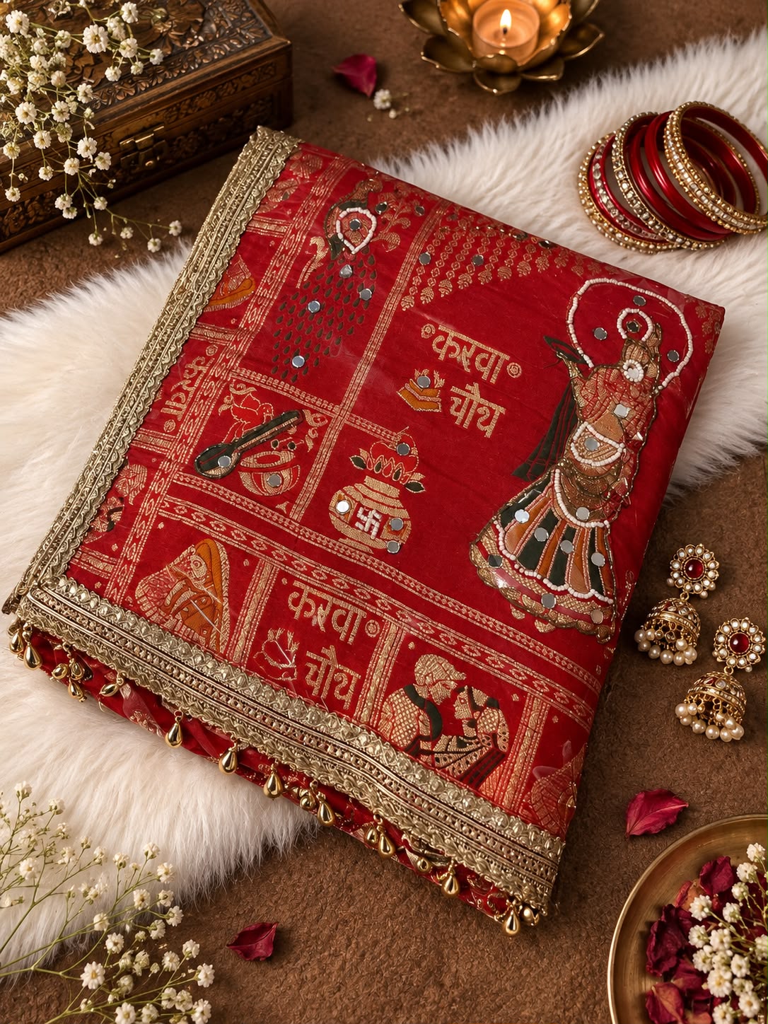 Red color Karwa Chauth Saree with Unstitched