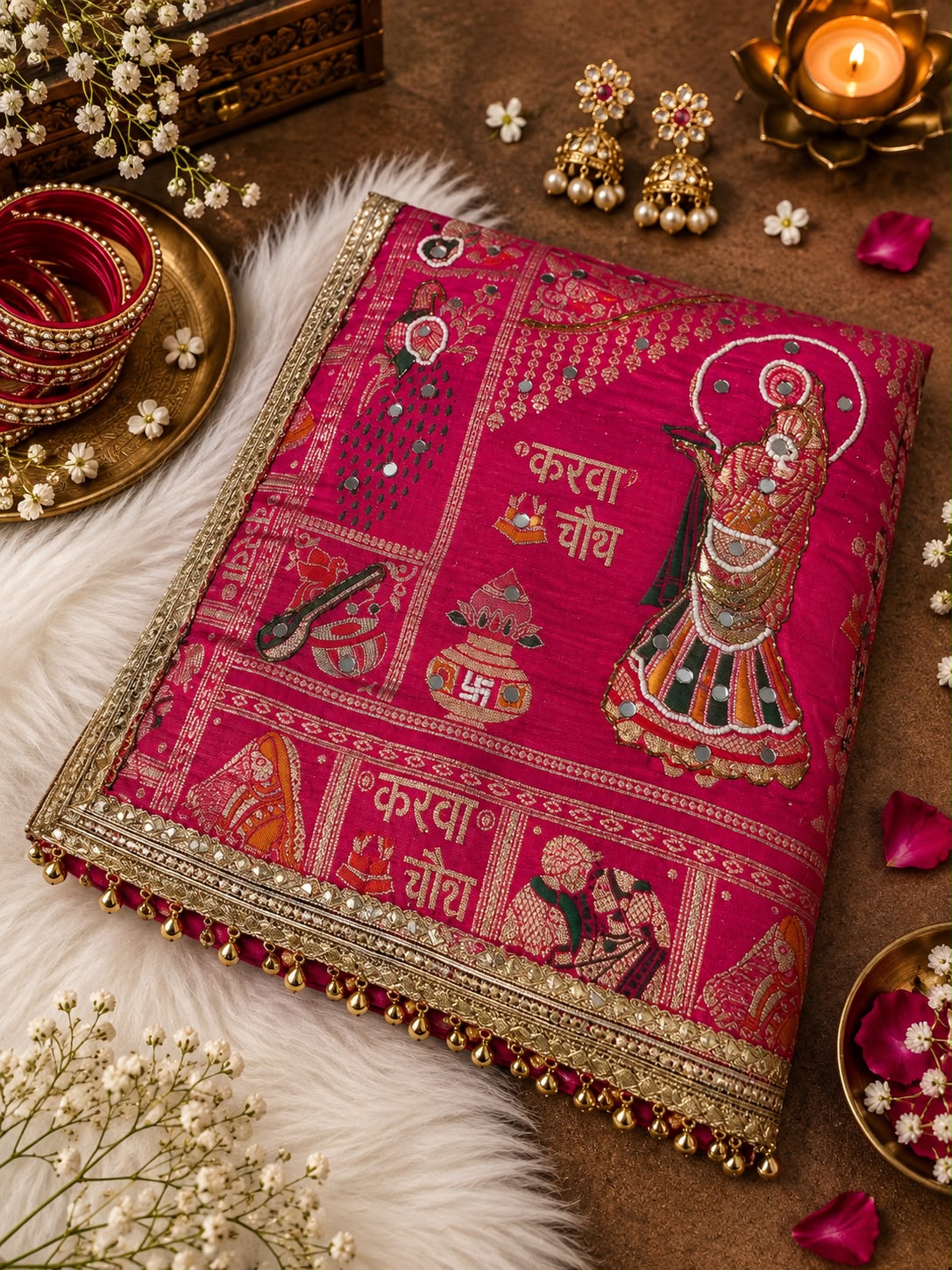 Rani Pink color Karwa Chauth Saree with Unstitched