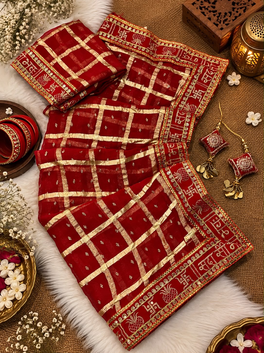 Red color Karwa Chauth Saree with Unstitched