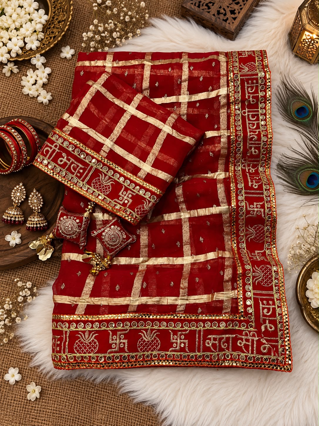 Red color Karwa Chauth Saree with Unstitched