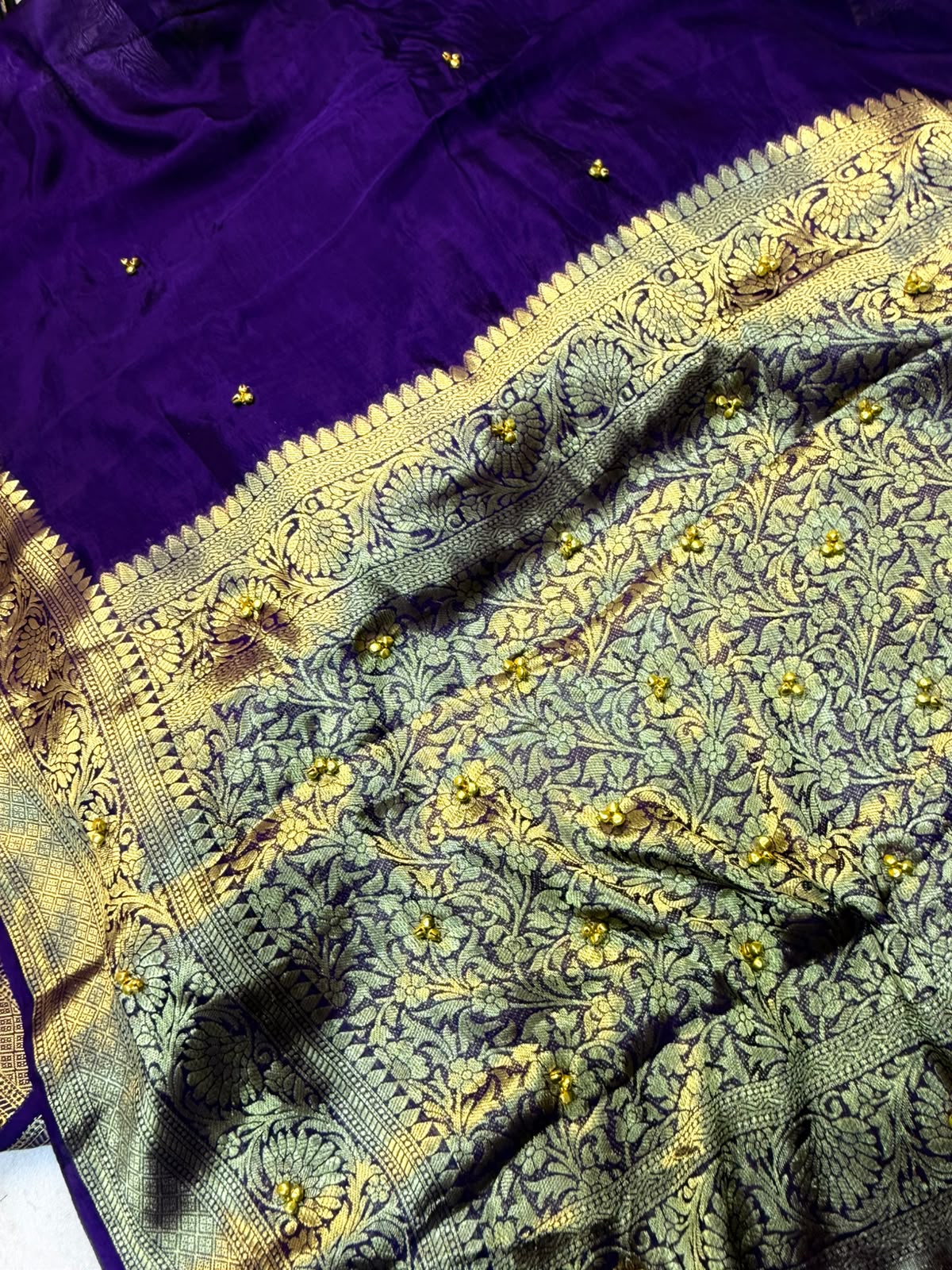 Traditional Purple Cotton Silk Banarasi Zari Saree with Ghunghru Work