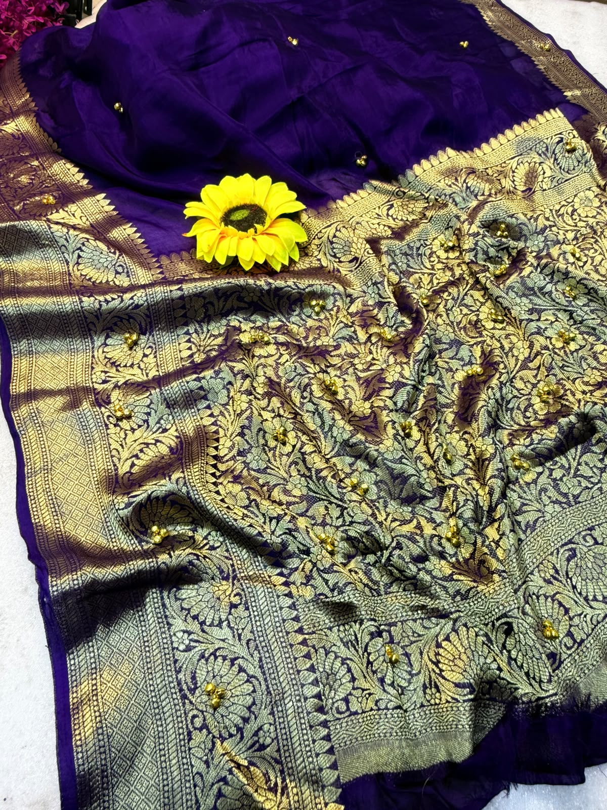 Traditional Purple Cotton Silk Banarasi Zari Saree with Ghunghru Work