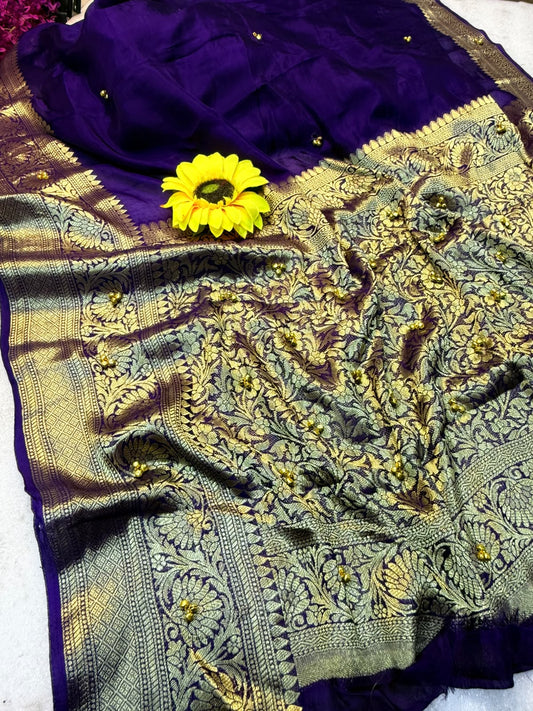 Traditional Purple Cotton Silk Banarasi Zari Saree with Ghunghru Work