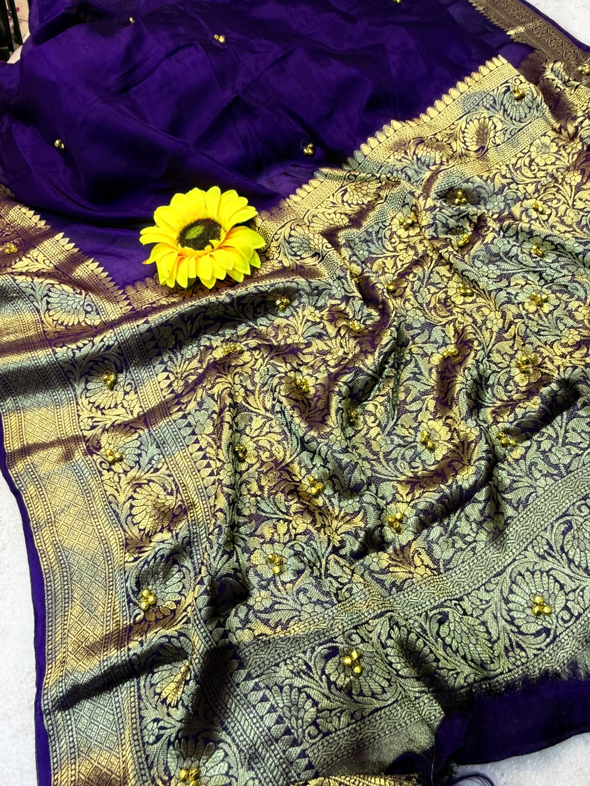 Traditional Purple Cotton Silk Banarasi Zari Saree with Ghunghru Work