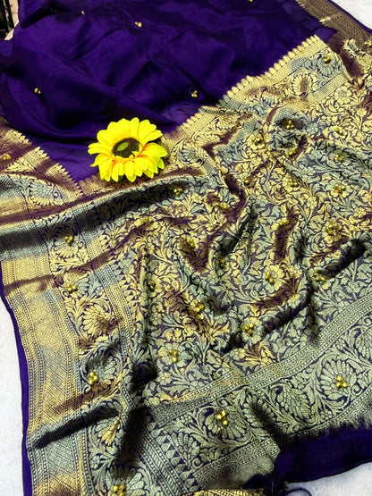 Traditional Purple Cotton Silk Banarasi Zari Saree with Ghunghru Work