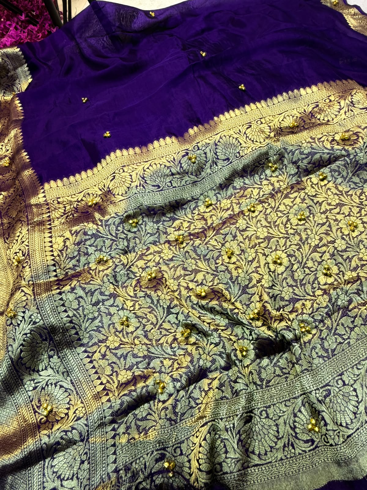 Traditional Purple Cotton Silk Banarasi Zari Saree with Ghunghru Work