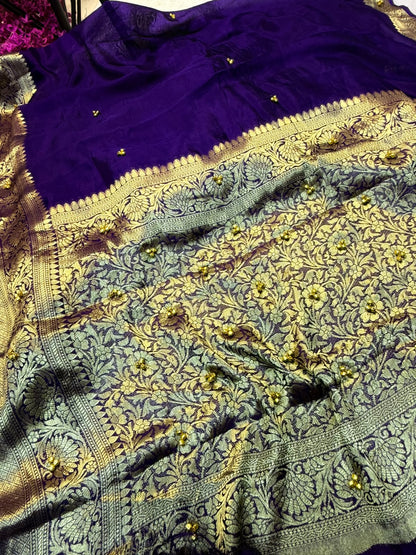 Traditional Purple Cotton Silk Banarasi Zari Saree with Ghunghru Work