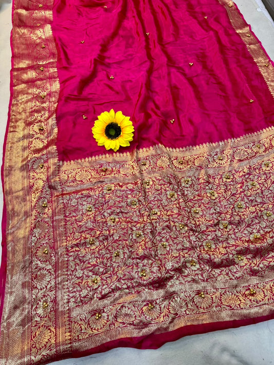 Traditional Rani Pink Cotton Silk Banarasi Zari Saree with Ghunghru Work