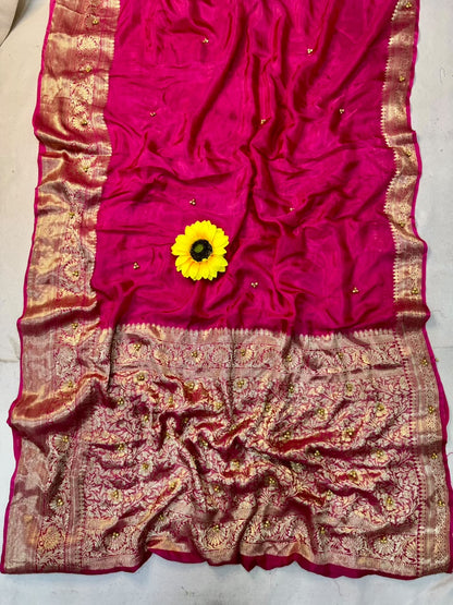 Traditional Rani Pink Cotton Silk Banarasi Zari Saree with Ghunghru Work
