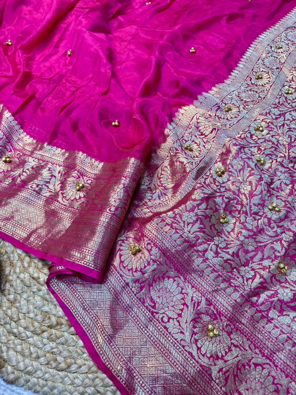 Traditional Rani Pink Cotton Silk Banarasi Zari Saree with Ghunghru Work