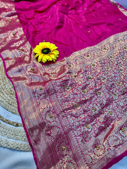 Traditional Rani Pink Cotton Silk Banarasi Zari Saree with Ghunghru Work