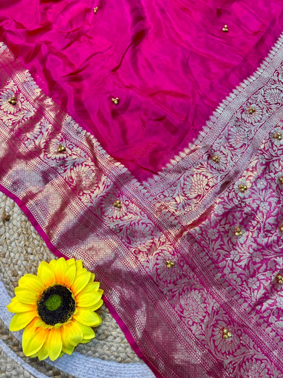 Traditional Rani Pink Cotton Silk Banarasi Zari Saree with Ghunghru Work