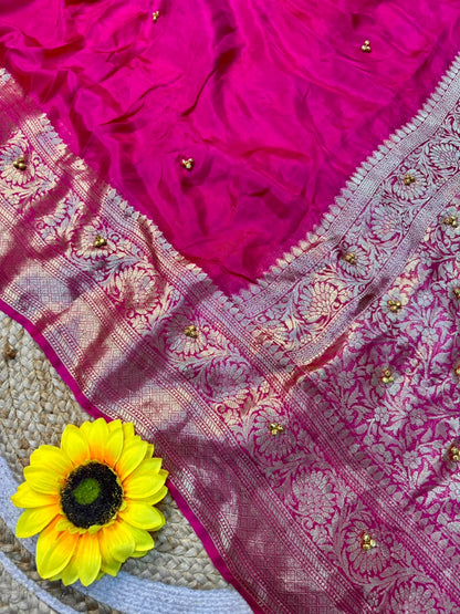 Traditional Rani Pink Cotton Silk Banarasi Zari Saree with Ghunghru Work
