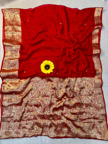 Traditional Red Cotton Silk Banarasi Zari Saree with Ghunghru Work