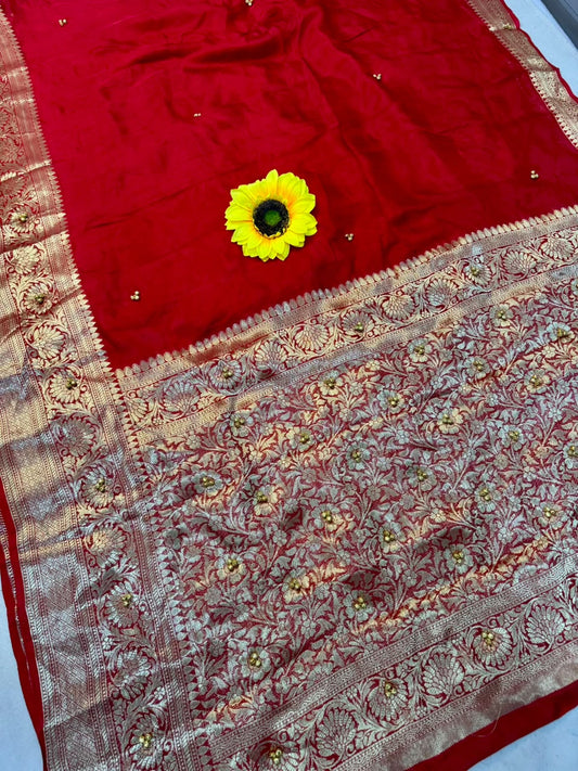 Traditional Red Cotton Silk Banarasi Zari Saree with Ghunghru Work