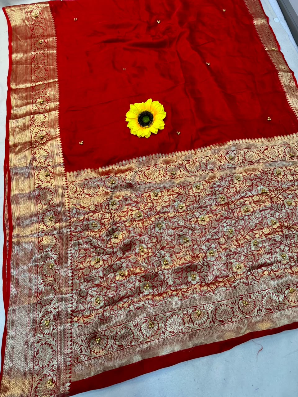 Traditional Red Cotton Silk Banarasi Zari Saree with Ghunghru Work