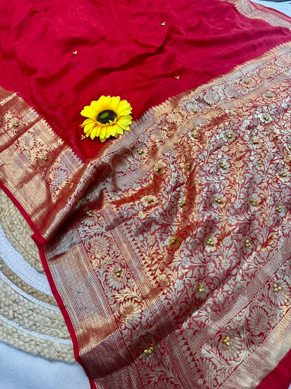 Traditional Red Cotton Silk Banarasi Zari Saree with Ghunghru Work