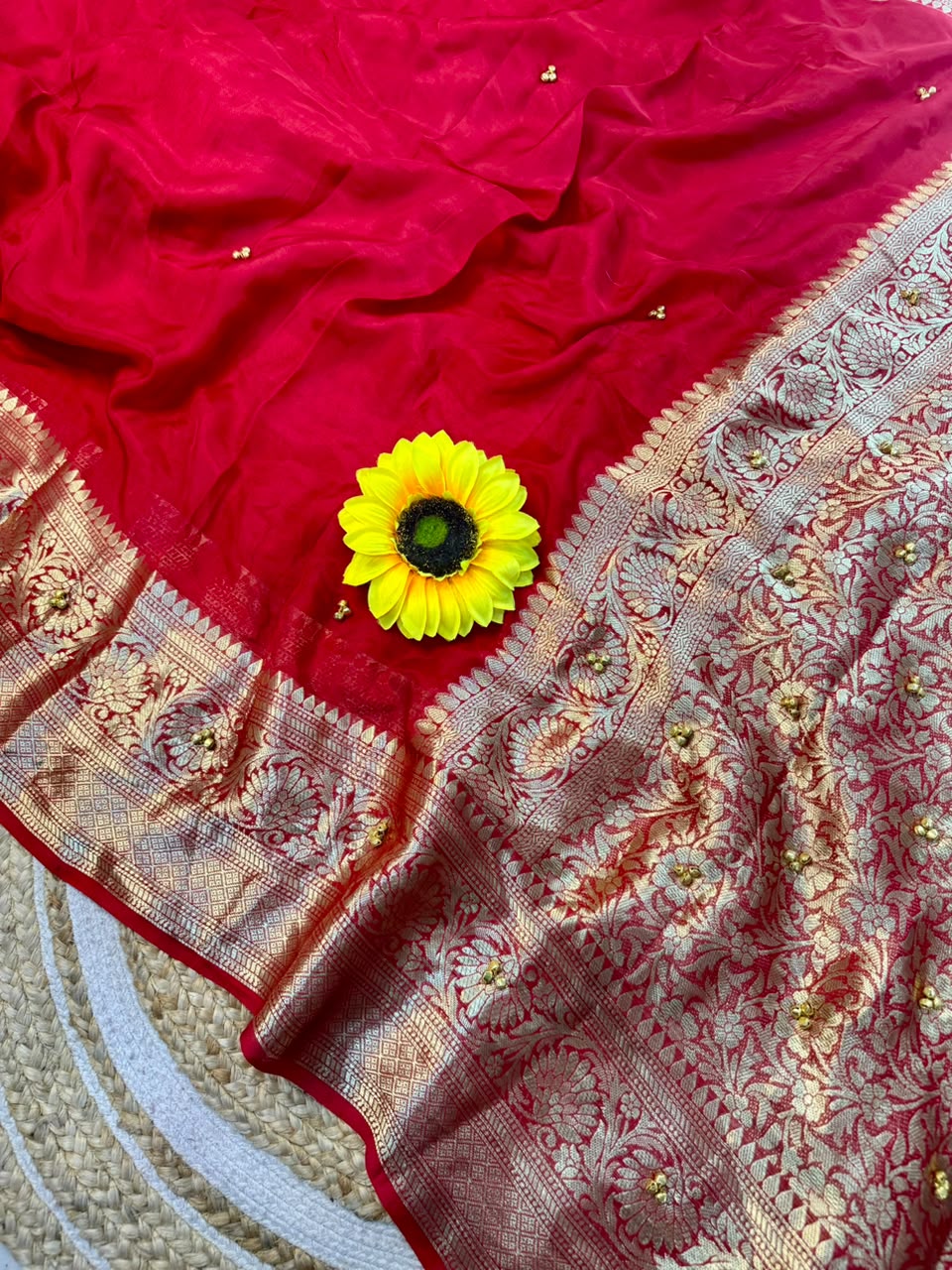 Traditional Red Cotton Silk Banarasi Zari Saree with Ghunghru Work